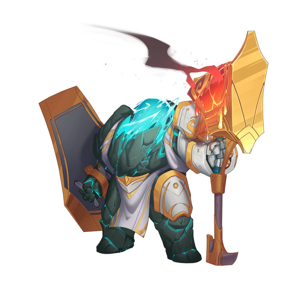 A water elemental/stone golem with silver and gold armor wielding a massive volcanic hammer