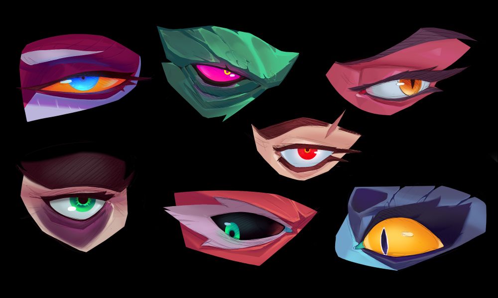 Illustration of eyes from the Bounty characters

Left to right, top row: Remora, Urtier, Colt, Ira
Bottom row: Immortal, Kaska, Royaa