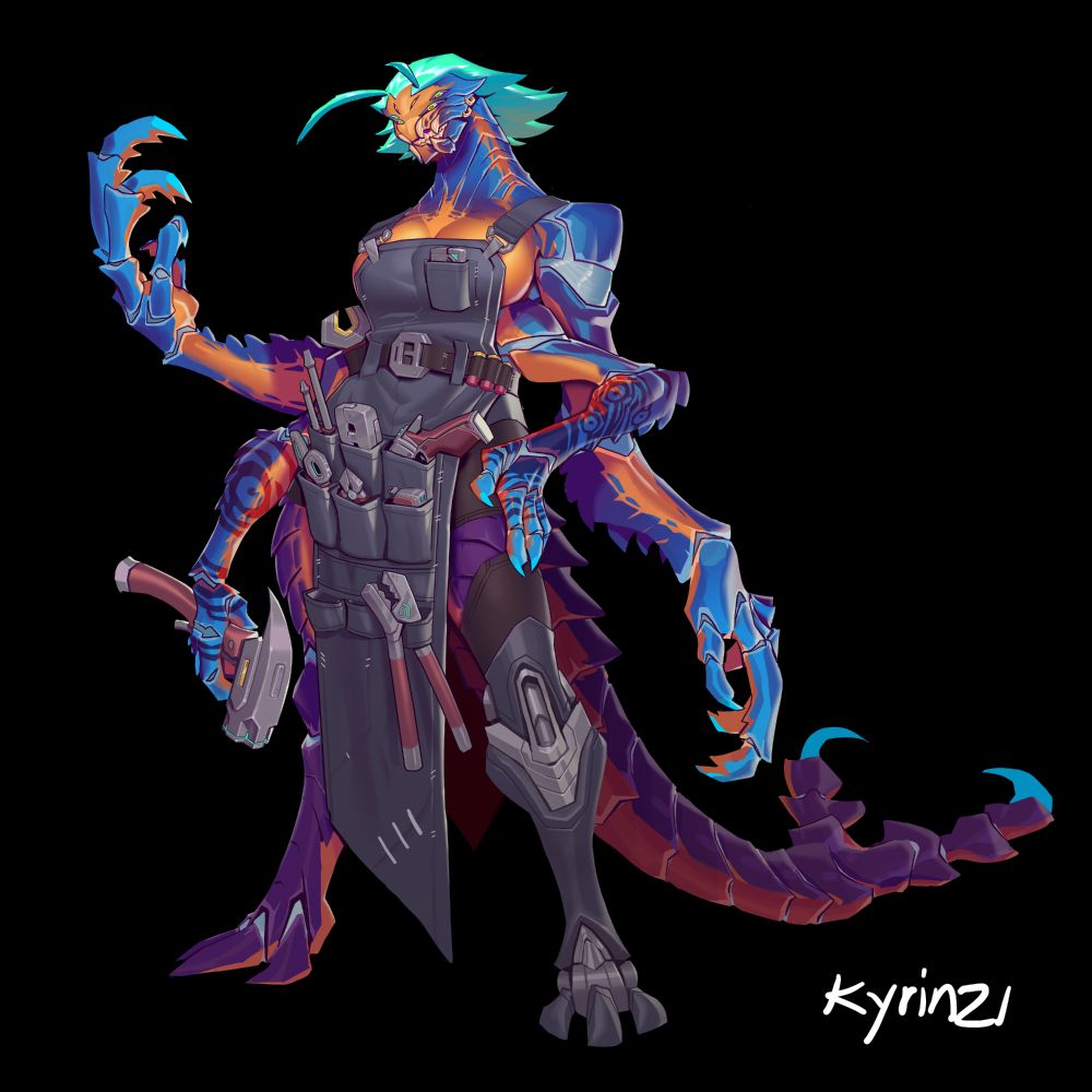 illustration and concept of a tall insect / bug alien woman. She has an orange, blue, and purple exoskeleton with bright green hair.

She has 4 arms, a bullet powered hammer, and a mechanic apron with a bunch of tools. She also has a mechanical leg.
