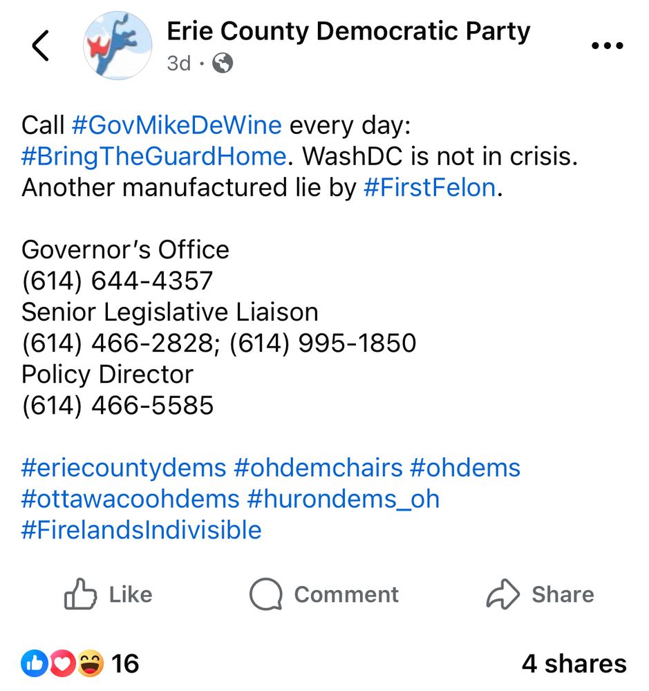 Erie County Democratic Party Call #GovMike DeWine every day: #Bring TheGuardHome. WashDC is not in crisis. Another manufactured lie by #FirstFelon. Governor's Office (614) 644-4357 Senior Legislative Liaison (614) 466-2828; (614) 995-1850 Policy Director (614) 466-5585 #eriecountydems #ohdemchairs #ohdems #ottawacoohdems #hurondems_oh #FirelandsIndivisible 