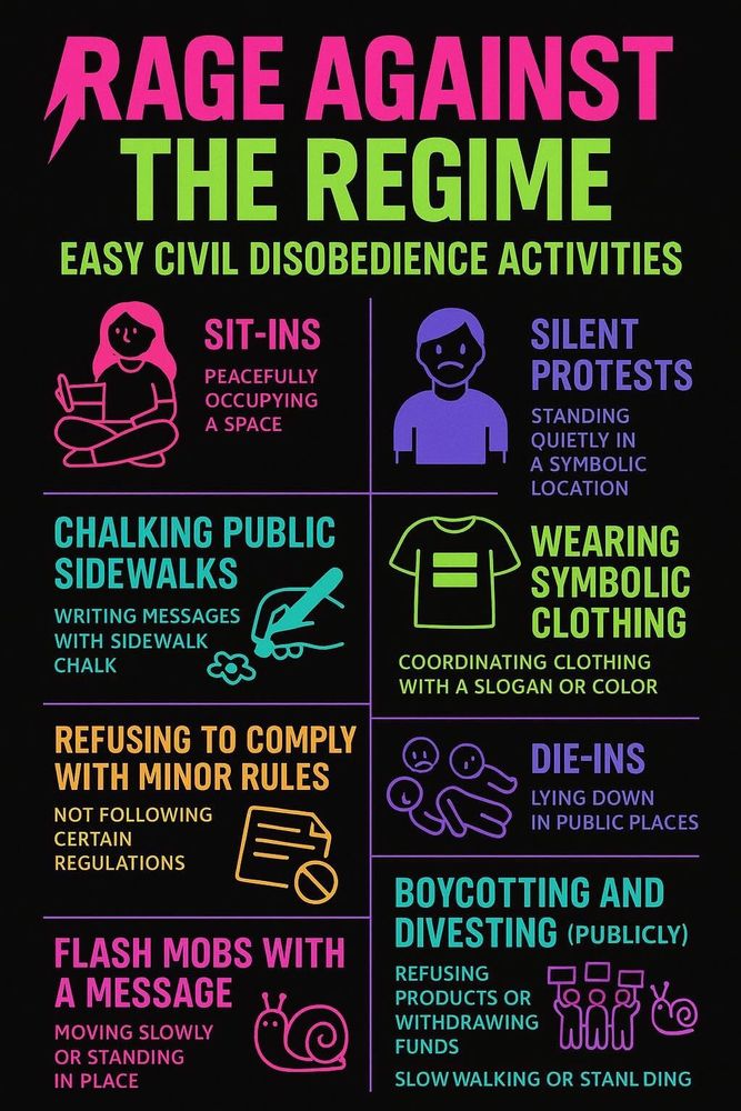 Which interests you most? Let’s get creative this summer. It’s time to take our country back! 

Even “easy” civil disobedience can have consequences. If you’re serious, it’s wise to:
 • Know your rights (especially regarding police encounters).
 • Have legal support on standby.
 • Communicate clearly about intentions and goals.

#RageAgainstTheRegime #50501Movement #Aug2nd ❤️‍🔥🔥