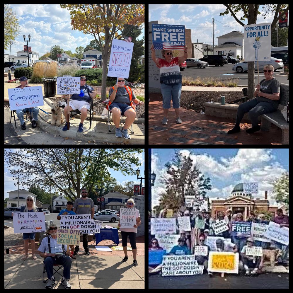 Four pictures of people standing on the sidewalk holding protest signs. 