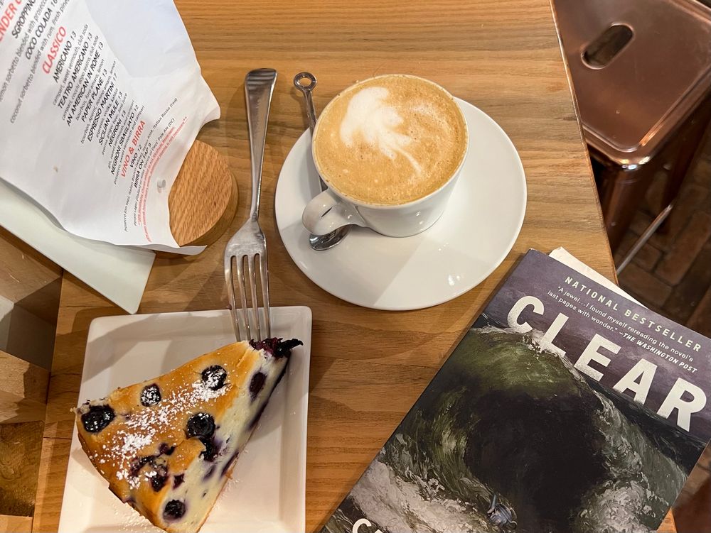 A Sunday morning at a cafe with a blueberry ricotta cake, a cappuccino, and a book (Clear by Carys Davies) 