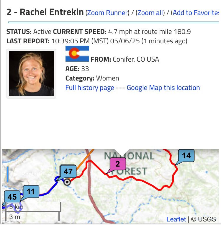 Currently in third place: Bib 2 - Rachel Entrekin, at route mile 180.9 and moving at 4.7mph