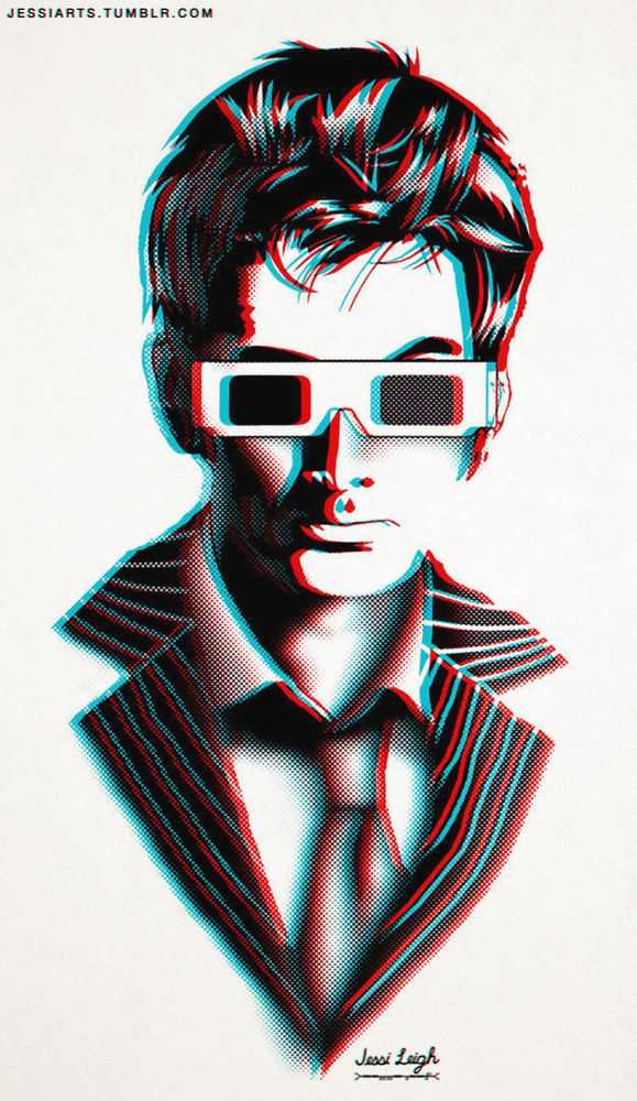 #Fanart portrait of the tenth doctor wearing 3D glasses, rendered in a red/blue anaglyph 3D style.