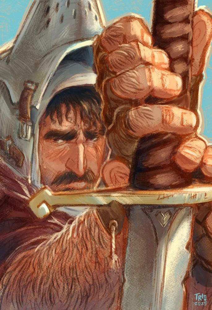 Digital art of a knight/merc named Wreg. He’s a large guy and you can see he has very hairy arms. He's wearing one of those helmets with the pointy mouth (that must be real fun to hear if you have no visual concept of it. Anyway the visor is up so it's pointing into the sky and you can see his face) Wreg looks a little exhausted, his face is a little sweaty, his hair a little damp. The image is zoomed in pretty close, but he's probably sitting and supporting himself on his sword, hands and weapon in the foreground. The blade has a few knicks, and a broken heart is carved into the metal. I named this work „tired of guarding the heart“ because he is a sad romantic yearning for love. 