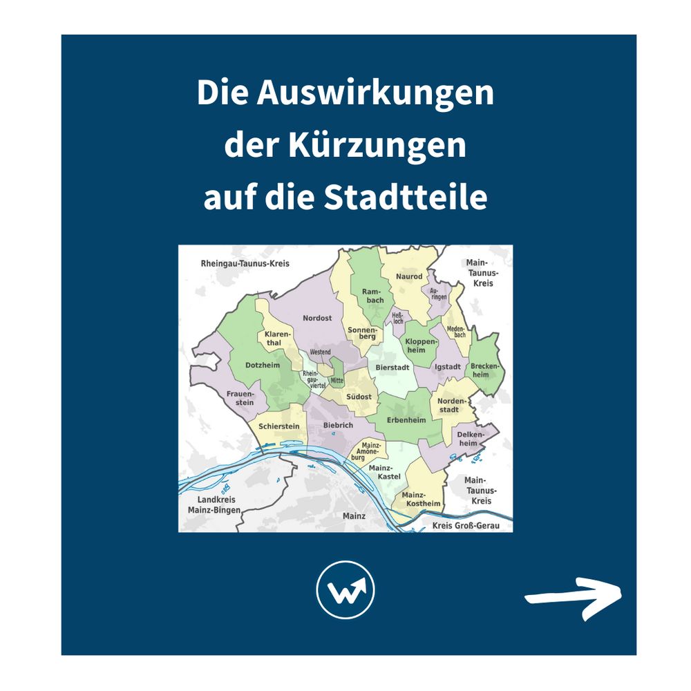 "Die Auswirkungen der Kürzungen auf die Stadtteile" und ein Karte über die Stadtteile Wiesbadens