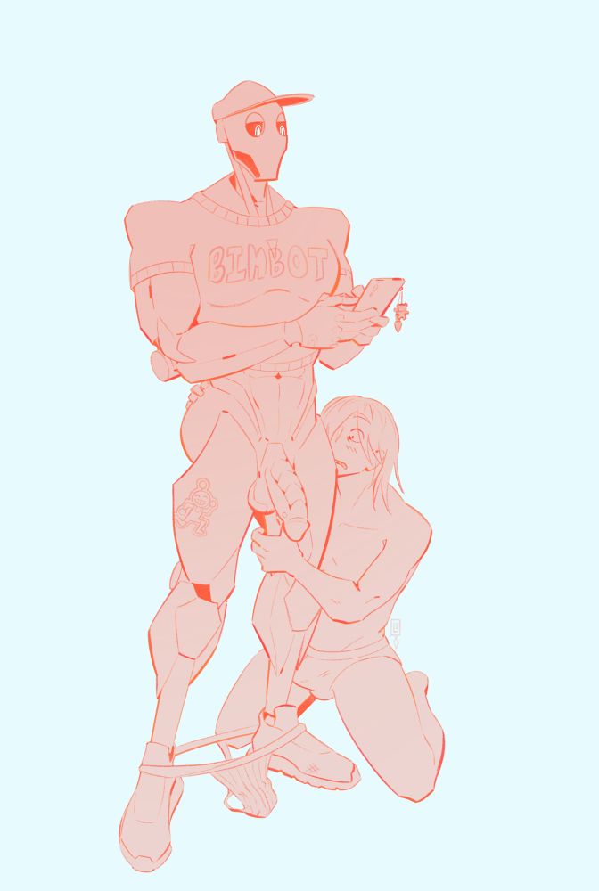 Buff robot wearing T-shirt that says “bimbot” apathetically texts on a smartphone, his jockstrap down at his ankles to reveal a huge dick. Human man in briefs kneels at the robot’s feet, clutching at his leg, small bulge prodding up against calf.