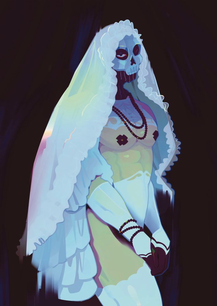 A man wearing a skull facemask stands, turned to the side, wearing bridal-themed lingerie.