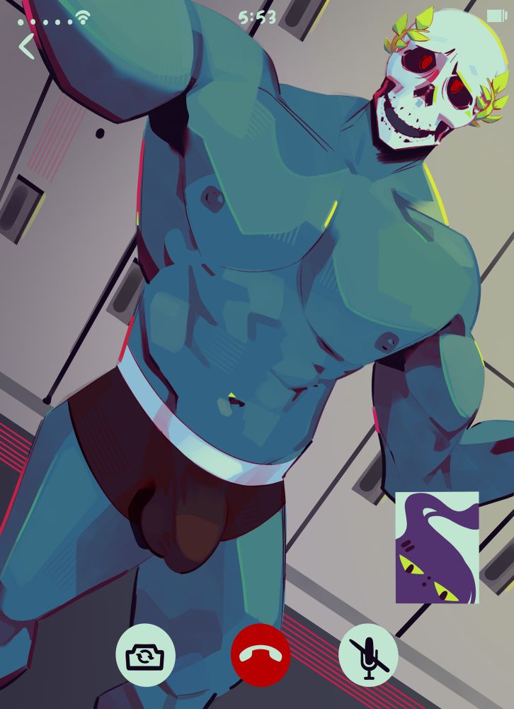 Muscular man with skull head makes a video call in his underwear in what appears to be a locker room.