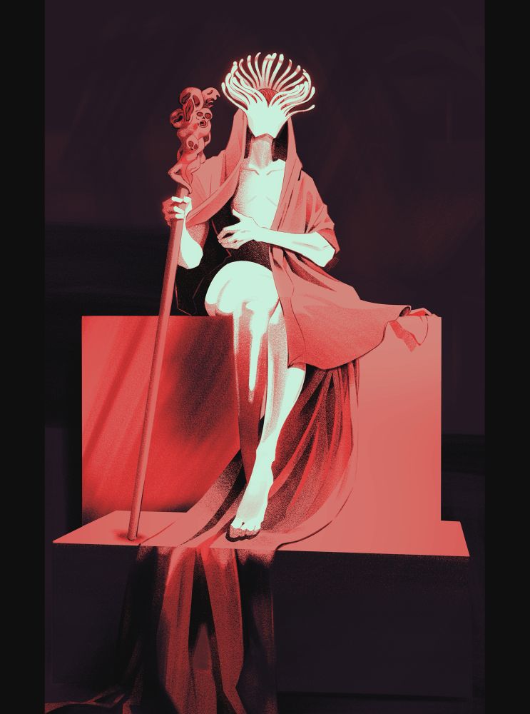 A pale figure with a head like a blooming flower sits on two blocks, holding a staff that resembles the tortured faces of people.