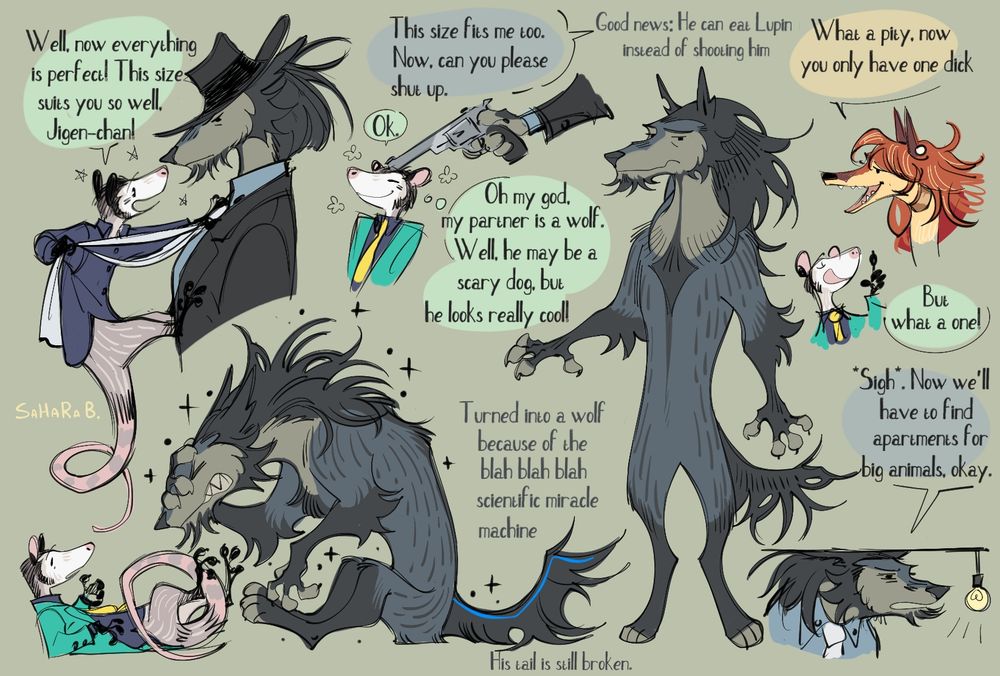 Jigen, if an unknown pseudo-scientific force had turned him from a possum into a wolf (it's probably a wolf)
He would be three times taller than Lupin!
There's a lot of commentary on what happened, especially Lupin's incredible joy