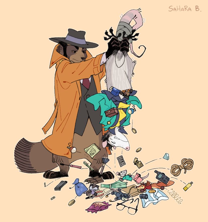 Zenigata the Tanuki holds Lupin the Possum upside down by his hind legs and shakes out a bunch of things from his pouch - tools, valuables, notes, food, cosmetics, small bombs, bullets, cigarettes and plush toys in the form of his gang and even Zenigata himself.
Lupin smiles stupidly as usual.