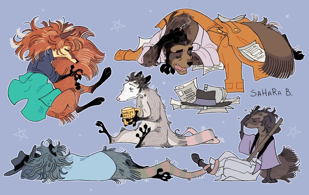 Five after a hard day:
Lupin the possum in the center sits with a cup of tea or coffee with the inscription "World's Best Thief", he is shaggy and hunched.
In the lower left corner Jigen the possum lies with his back to us. Instead of a pillow, a folded jacket, a hat nearby. His long tail reflexively wrapped around Goemon's paw.
In the lower right corner Goemon the weasel woke up. Apparently, he slept sitting up again. He sleepily rubs his eyes, his fur is rumpled, and his kimono has almost slipped off his shoulders
In the upper left corner, Fujiko the fox in Lupin's shirt sleeps, hugging her soft, fluffy tail. She is also covered by Lupin's jacket.
In the upper right corner, the tired tanuki Zenigata sleeps in papers, covered with his cloak. He holds a stubby cigarette in the paw on his head. Ashes fell on his forehead.