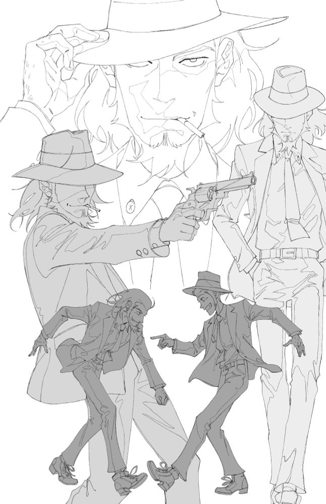 A big Jigen art I haven't finished yet. Several incredibly beautiful Jigen, serious, mysterious, cheeky and cheerful, because when he and Lupin are together, they share the same braincell