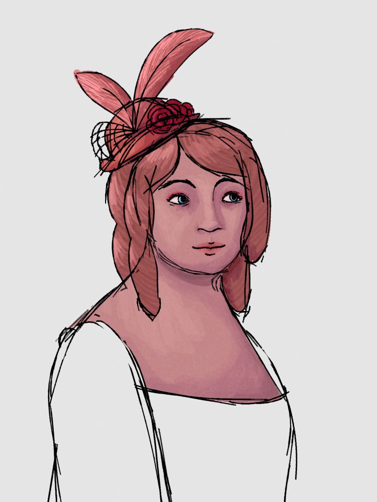 an unfinished digital portrait of a woman from the 1800s on a light grey background. the head, hair and chest are all coloured using an exclusively red/pink colour palette, except for the eyes which are blue. she has curled hair down to her collarbones and is wearing a small hat with feathers and flowers.