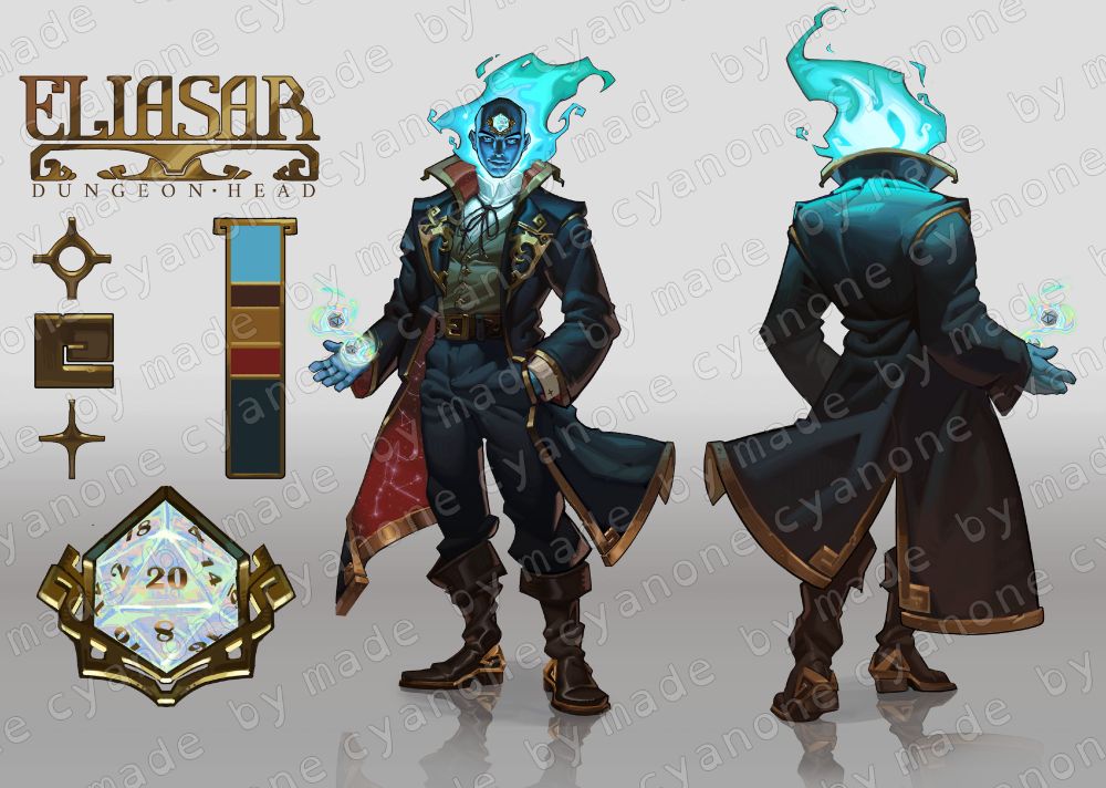 A character reference sheet of a blue skinned, bald male figure. His head is on fire with blue flames and his head is floating above his shoulders. He is wearing a thin necktie, gray vest, black pants, pirate like boots, and a filigreed overcoat that has a high collar. The interior of the coat has constellations. In the middle of his forehead is an icosahedron (20 sided) gem. The lettering in the top left reads "Eliasar, Dungeon Head"