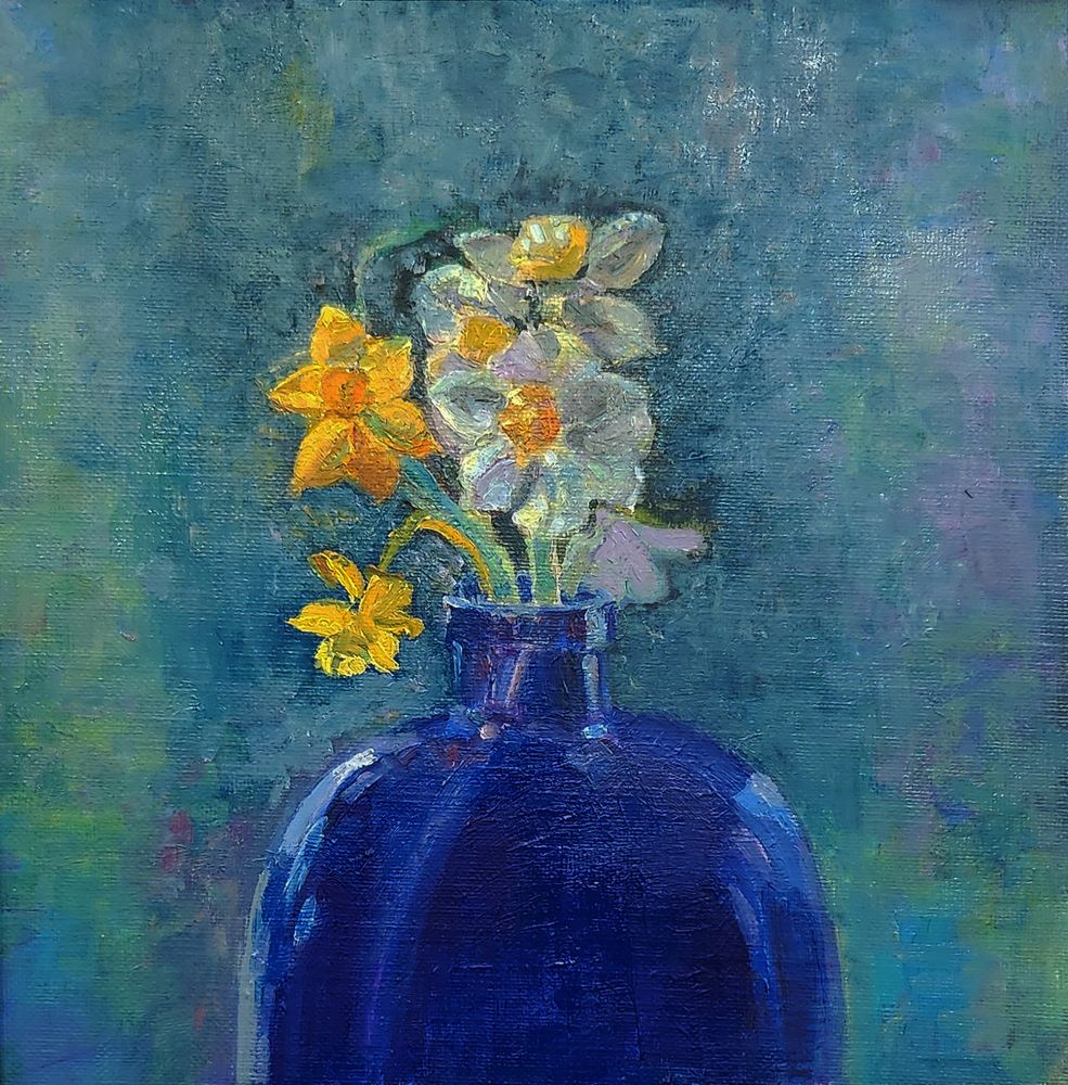 Daffodils in Blue Bottle, by Katherine Kean, is a study on the joys of life’s simple pleasures. Cheerful yellows and crisp whites in thick and thin descriptive brushwork show up against the deep blues of the bottle and the lush abstracted blue-greens of the background.
Painted in oil on ¼ inch thick museum grade canvas panel, this unframed painting is 10 x 10 inches. Signed on verso, this artwork includes an official certificate of authenticity.
Katherine Kean’s paintings seek moments of breath-taking transition in nature; a gathering of clouds or changing tides; times when the elements of the landscape combine with the alchemy of imagination to illuminate the world of heightened mood and sensation. Her work aims to capture these fleeting moments in time and reveal the serene center that can arise in the midst of nature's turbulence.
Katherine Kean has exhibited in museums and galleries across the United States, and has been acquired by many private and corporate collections. She has been honored to have her work selected for Bloomingdales in Santa Monica, California, Schiffer's 100 Artists of the West Coast II, Paint America's Paint the Parks, Manhattan Arts Healing Arts International's Celebrate the Healing Power of Art and the National Weather Center 2015 Biennale.