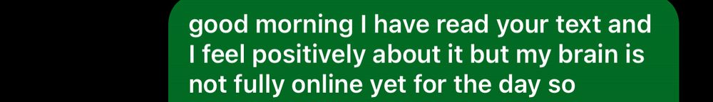 an outgoing text that reads “good morning I have read your text and I feel positively about it but my brain is not fully online yet for the day”