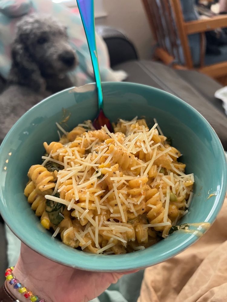 a quite aesthetic picture of pasta with cream sauce and various vegetables in a chipped blue bowl. an oilspill-colored fork sticks up out of the bowl, and a grey poodle is looking judgmental in the blurred background