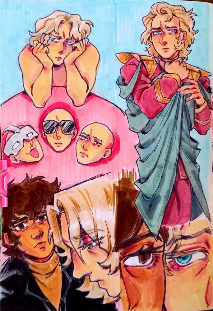 traditional sketchbook page with four illustrations, drawn in waterbased markers. they depict char aznable and amuro ray from gundam.

1) char sits naked at a pink table, chin in their hands. before char are three masks: the first, char from 0079 complete with grey eye mask, laughing; the second, quattro bajeena with sunglasses on, neutral; the last, char from cca, face bare and expression that kind of sadness only cca char manages to capture lol.

2) cca char wraps their cloak around them, simultaneously looking like theyre using it as a blanket and also mimicking the look of a dress.

3) zeta amuro, stares at char, looking worried. char is in the foreground, drawn in profile, face visible with no sunglasses. they are staring down absently.

4) close up of amuro and char's faces squished cheeks together, so that we can only see one of each of their eyes. they're staring at one another, amuro seemingly mildly annoyed, char miserable. the usual for them.