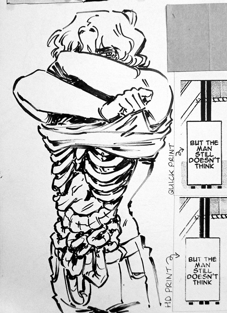 traditional black and white pen and ink drawing of char aznable (zeta era). he pulls up his turtleneck as if taking it off, his elbows stop up by his head covering his face with only one eye and his scar showing. where his shirt has been pulled up, his bare organs and rib cage are on show, small intestines spilling out over his waistband. 