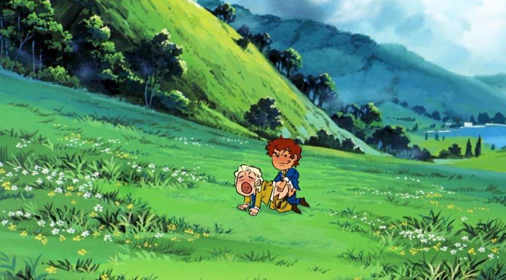 screencap from cca where amuro and char are fighting in the meadow but they have been redrawn: now amuro smugly fucks char from behind while char moans