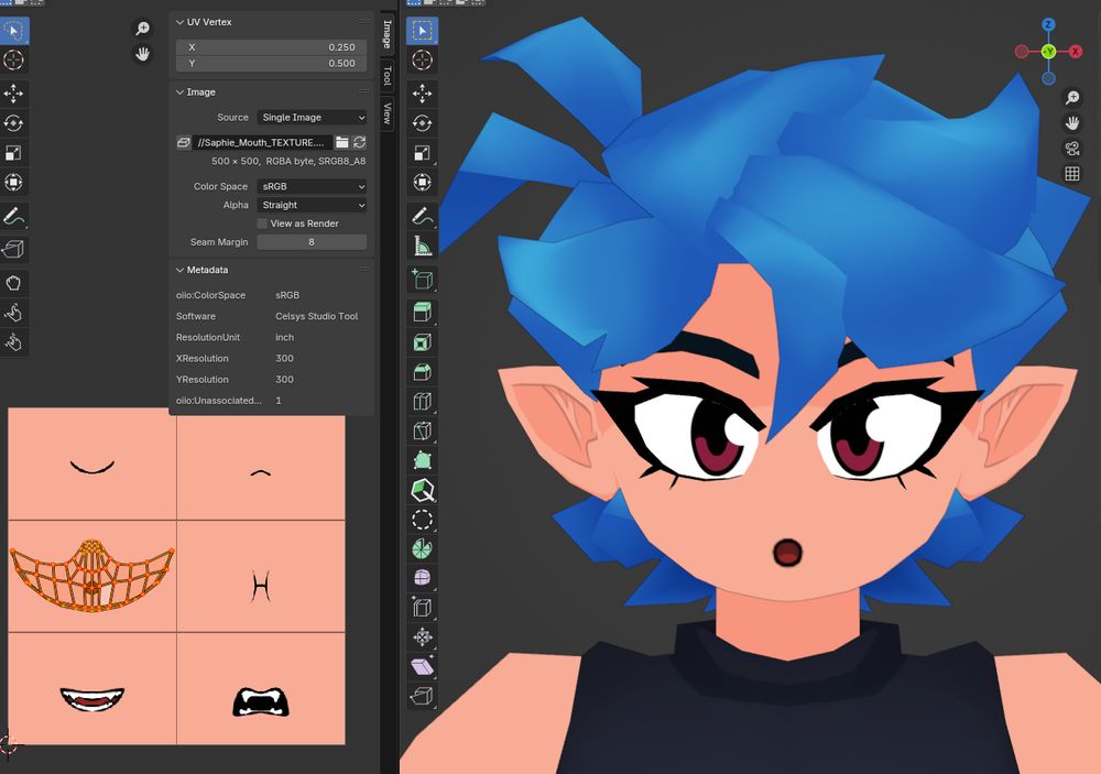 Low Poly 3D model Screenshot of Firey's OC Saphie close up on her face, she's doing an o mouth :o
