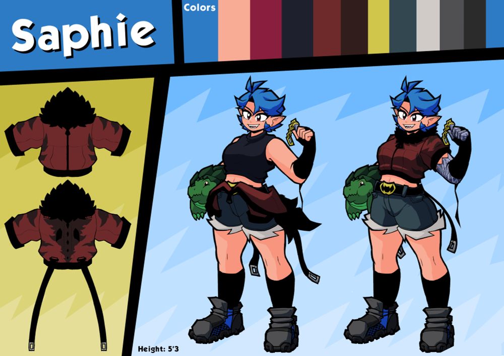 Reference Sheet for Firey's main OC Saphie, includes her colors, her dinosaur jacket, height and her buddy Bepito as a treat.