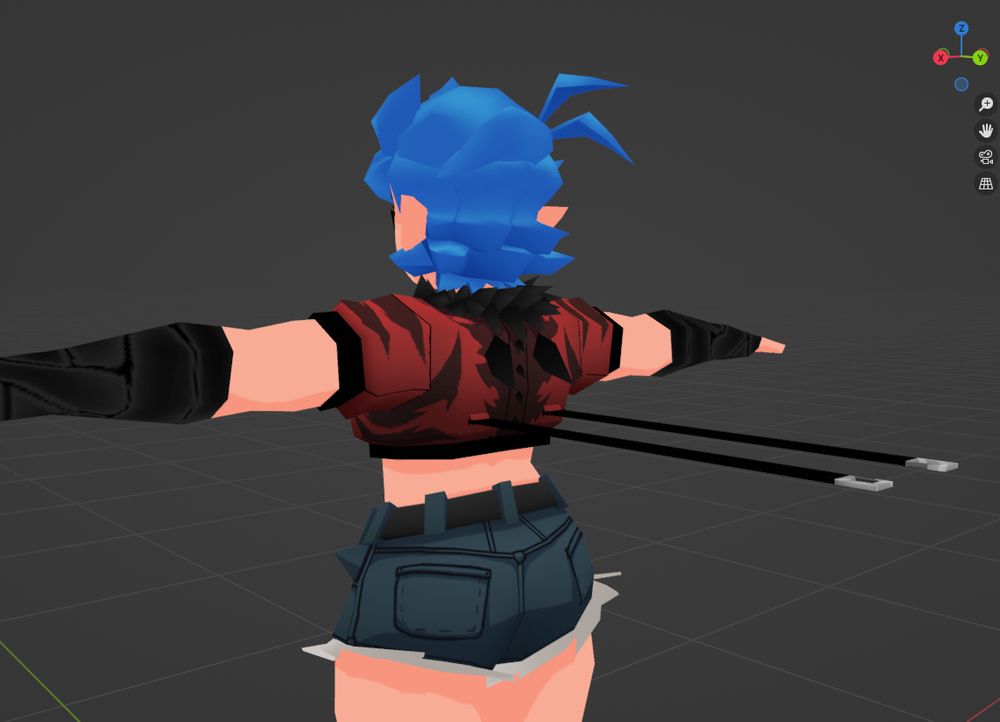 3D model of the back of Firey's OC Saphie, she has a red jacket with stripes, black fluff, black spikes on the back and belts attacked to the bottom of it