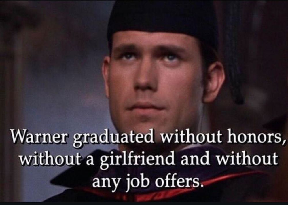 Screenshot of the loser ex-boyfriend Warner from Legally Blonde - in the epilogue the words on the screen indicate he graduated without honors, without a girlfriend, and without any job offers.
