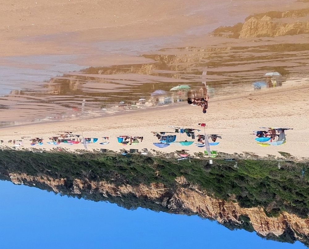 Strand mit Sonnenschirmen und Liegestühlen, über dem Strand sieht man Vegetation und Felsen. Das Bild steht auf dem Kopf, Wasser und der Himmel befinden sich am unteren Rand des Fotos, während der Strand und die Vegetation oben sind.