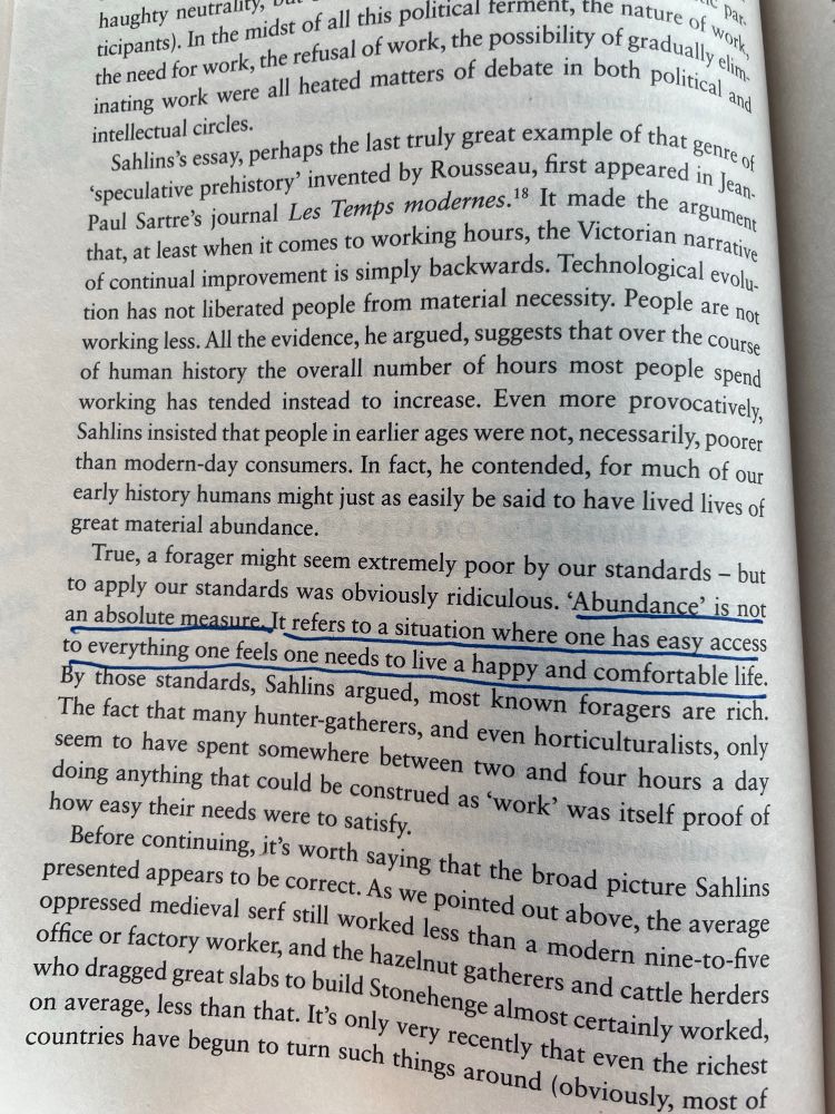From the book: "abundance is not an absolute measure. It refers to a situation where one has easy access to everything one needs to live a happy and comfortable life." 