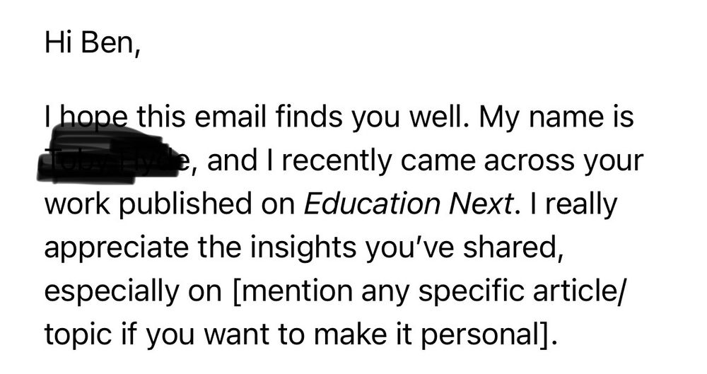 AI generated email where the sender forgot to delete the place where AI told it to "mention a specific article" I've written to "make it personal" 