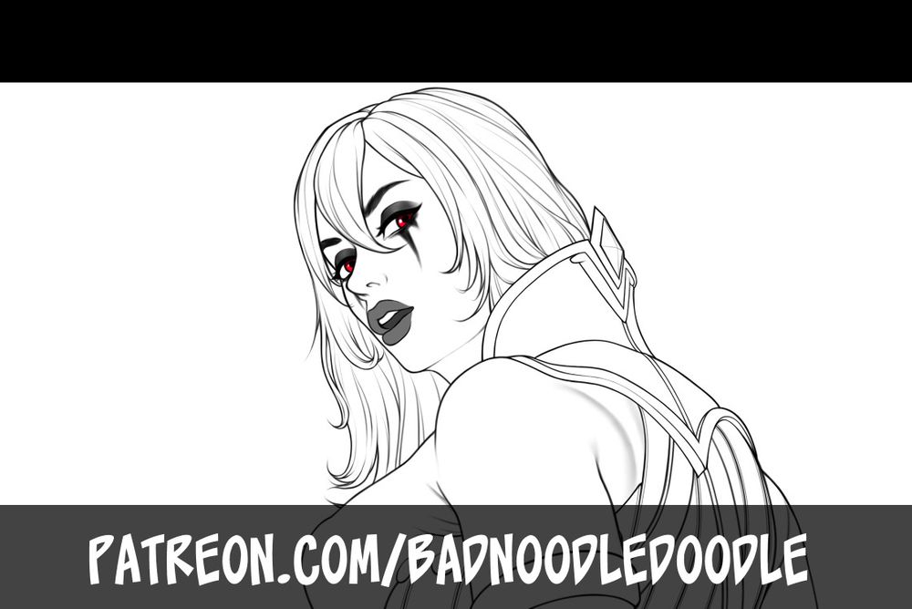 A cropped black and white drawing of Sally Whiteman. She looks back over her shoulder at you with a shameless plug of patreon.com/badnoodledoodle just barely hiding her nipple