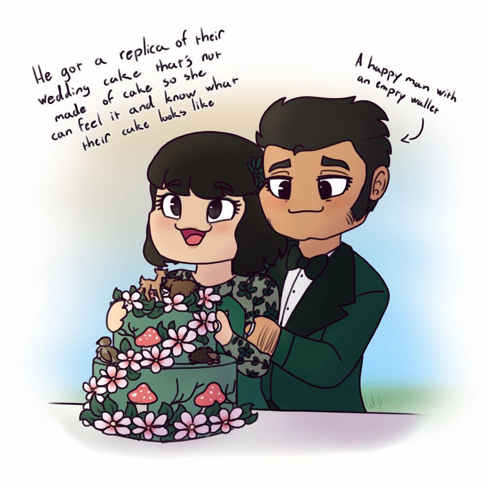 A drawing of Namie touching a replica of their wedding cake that is not made of cake, Zenigata by her side. The cake is green, has white-pink flowers and some animal decorations. Zenigata had gotten a replica of their cake so Namie can know what their cake looks like.