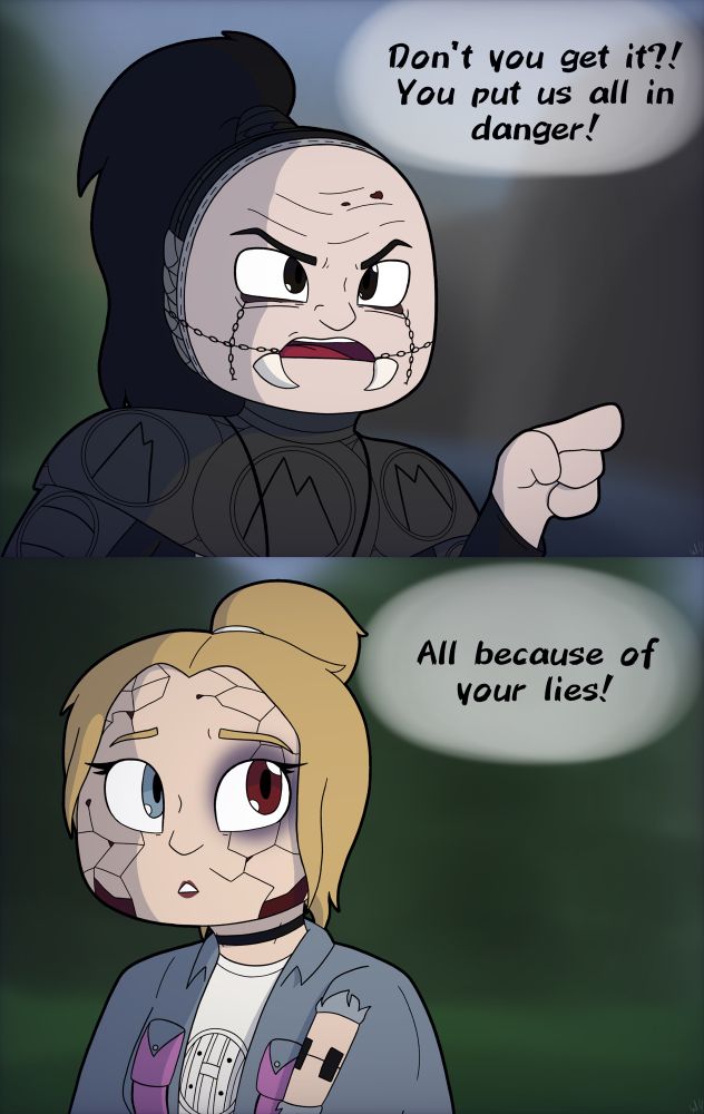 Panel one: Mana has lost his temper and is pointing and yelling at Mr. Lordi, he yells: “You put us all in danger!”
Panel two: Hella is looking at Mana, still shocked from what had transpired before. Mana is still talking to Mr. Lordi and says: “All because of your lies!”