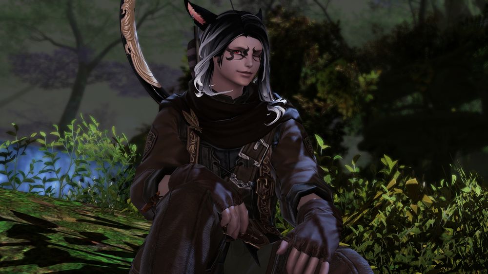 A one eyed Keeper Miqo'te man stiting on the ground in the Shroud, resting.