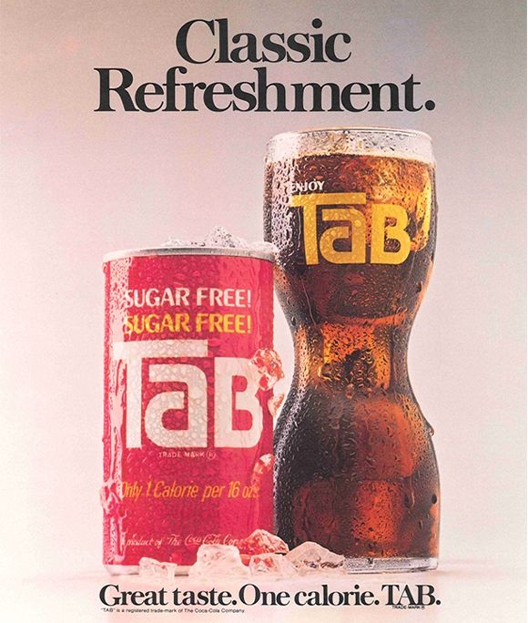 An image of a vintage Tab Cola ad. On the left is a can of Tab. On the right is a drinking glass filed with the cola. The words 