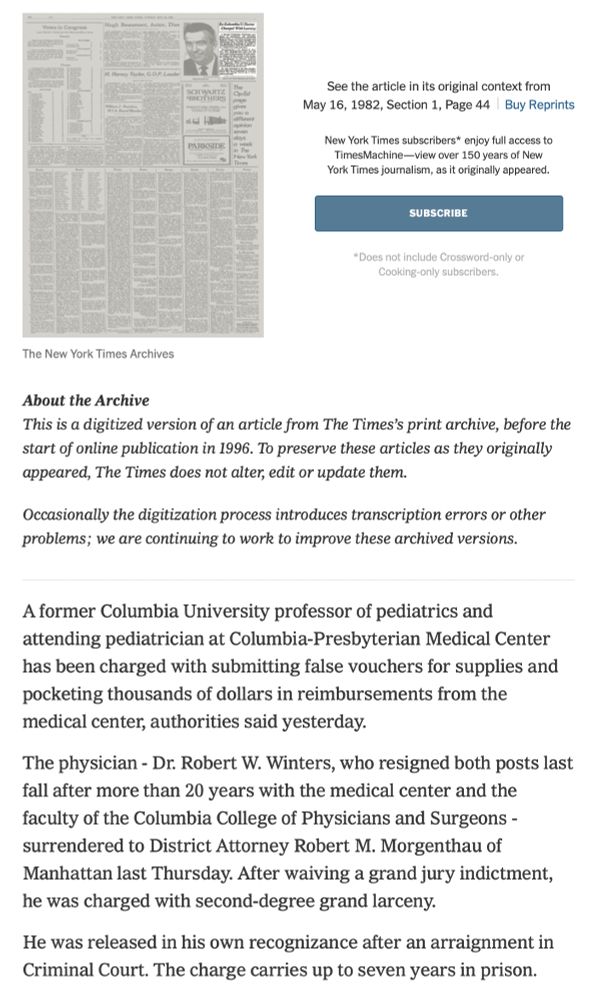 A former Columbia University professor of pediatrics and attending pediatrician at Columbia-Presbyterian Medical Center has been charged with submitting false vouchers for supplies and pocketing thousands of dollars in reimbursements from the medical center, authorities said yesterday.

The physician - Dr. Robert W. Winters, who resigned both posts last fall after more than 20 years with the medical center and the faculty of the Columbia College of Physicians and Surgeons - surrendered to District Attorney Robert M. Morgenthau of Manhattan last Thursday. After waiving a grand jury indictment, he was charged with second-degree grand larceny.

He was released in his own recognizance after an arraignment in Criminal Court. The charge carries up to seven years in prison.
