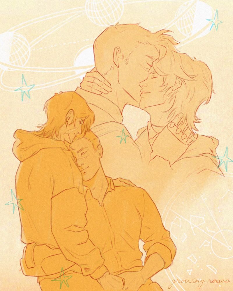 sketchbook-like page of digital drawings featuring keith and shiro from voltron legendary defender. in both drawings, they’re smiling softly as they embrace one another. additional doodles of stars, a planetary model, and a star map are scattered across the page as well.