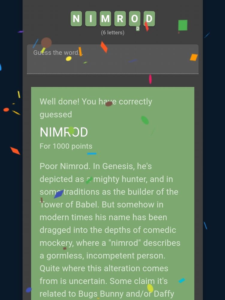 Rootl game and today's second word is Nimrod