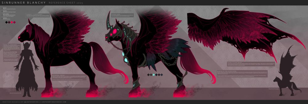 Ref sheet picturing an undead pegasus named Blanchy featuring both her unarmored form and her armored form. She has black fur with magenta accents, and her wings are a mixture of feathered and webbed. Her armor makes her resemble an alicorn, as it has a bladed horn, but possesses many skeletal motifs as well as large raven feathers and a raven skull-shaped piece of armor on her chest.