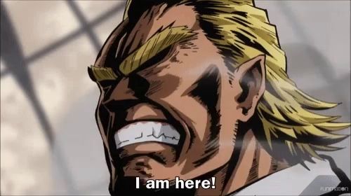 all might from my hero academia is screaming and saying i am here .