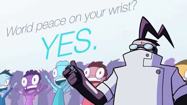 a cartoon character holding a gun with the words world peace on your wrist