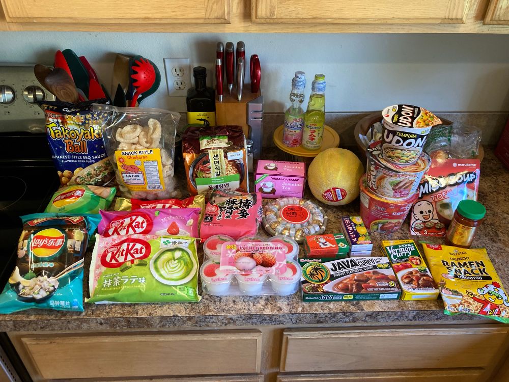 A variety of Japanese, Korean, and Vietnamese foods.