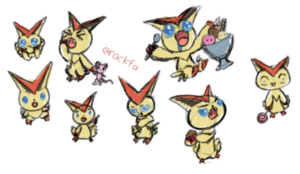 Pokemon victini sketches. Different poses, sleepy, curious, angry, surprised, drooling.

#Pokemon #art #sketch #practice #poses #emotions #expressions #brat #icecream