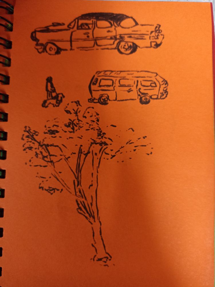 Black ink sketches on orange paper. Classic car, old van, tree, human walking a dog