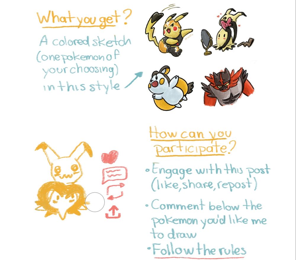 Choose one Pokemon of your liking, engage with the post and follow the rules. I’ll draw one suggestion per person!