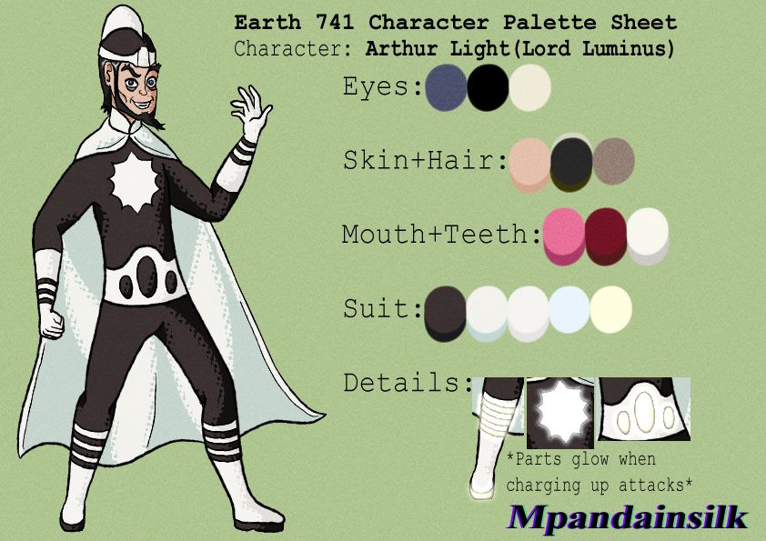 A digital fan art of DC's Arthur Light who goes by Lord Luminus for the fan-made Earth 741. The drawing is specifically a color guide and his design is based on his animated and comic book appearances. He has short black hair that blends into a pointy goatee, pale skin with a tiny nose and grey blue irises with bags under his eyes. Lord Luminus wears a black and white suit paired with a matching helmet and a long white cape, some of the details in of his suit glow when he charges up attacks.